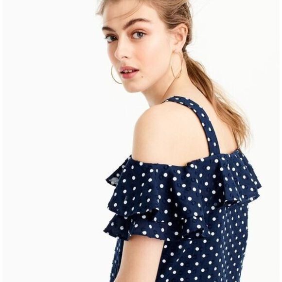 J.Crew Sz 6 Polka Dot Cold Shoulder Top Blue White Ruffle Tiered Cotton Textured - Picture 3 of 13